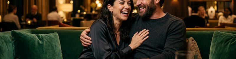 גבר ואישה צוחקים ומתחבקים על ספת קטיפה ירוקה במהלך דייט בבר יוקרתי